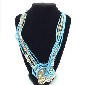 Blue, Gold, Silver Beaded Necklace & Earrings